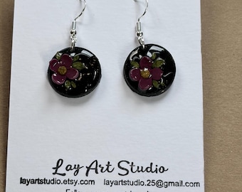Black and purple floral Earrings, Sterling Silver Earrings, Handmade Resin Jewelry, Lightweight Statement Earrings, Minimalist Gift