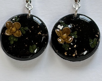 Black and gold floral Earrings, Sterling Silver Earrings, Handmade Resin Jewelry, Lightweight Statement Earrings, Minimalist Gift