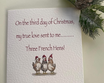 Three hens, chicken christmas card-cute christmas card- premium festive animal card