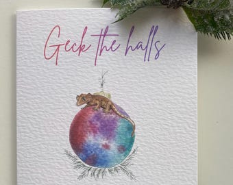 Gecko Christmas card and bauble, luxury christmas card-cute christmas card- premium festive animal card