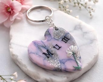 Mum Heart Keyring – Handmade Polymer Clay & Resin Keychain – Purple Marble Glitter Gift for Mum – Mother’s Day Keepsake