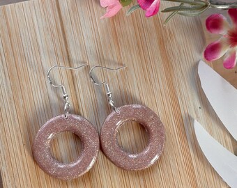 Blush Pink Glitter Hoop Earrings | polymer clay Resin Donut Dangle Earrings | Lightweight Sparkly Statement Jewelry | Gift for Her