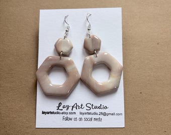 Blush Pink Geometric Earrings | Handmade Hexagon Dangle Earrings | Sterling Silver Hooks | Minimalist Statement Jewelry