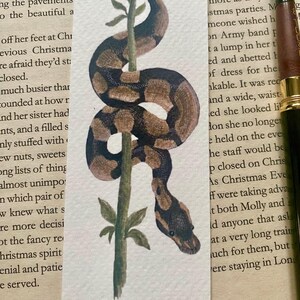 May include: Watercolour painting of a brown and tan snake coiled around a green stem with small leaves. The snake's scales are detailed, set against a backdrop of vintage book pages.