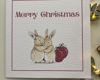 Luxury handmade rabbit christmas card-bunny christmas card- premium festive animal card