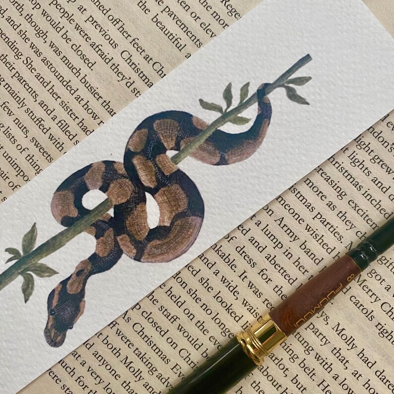May include: Watercolour painting of a snake coiled around a branch. The snake has brown and black markings. The branch has green leaves. The artwork is on a white background with text from a book.