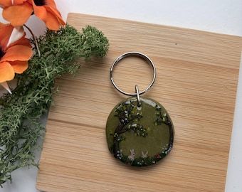 Forest animal rabbit key ring whimsical quirky keychain, round woodland animal charm
