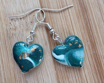 Blue Heart Dangle Earrings, Polymer Clay Resin Earrings with Gold Leaf, Lightweight Statement Drop Jewelry, Gift for Her