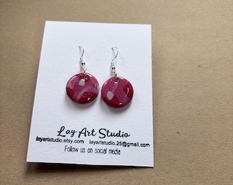 Pink round circle Earrings, Sterling Silver Earrings, Handmade Resin Jewelry, Lightweight Statement Earrings, Minimalist Gift