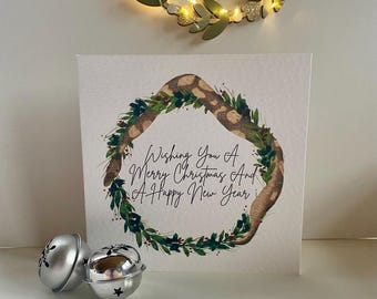 Luxury handmade snake and wreath christmas card-cute christmas card- premium festive animal card