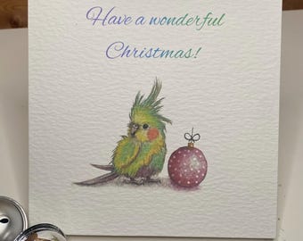 Luxury handmade cockatiel bird christmas card-cute christmas card- premium festive animal card