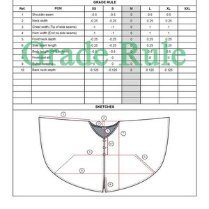 Grade Rule Template for Tech Pack Garment Production for Clothing Manufacturer