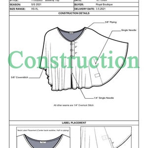 Puede incluir: Un dibujo técnico de un diseño de prenda de top de mariposa. El dibujo muestra la vista frontal del top con detalles del escote, las mangas y las costuras. El dibujo también incluye medidas en pulgadas para las diferentes partes de la prenda.