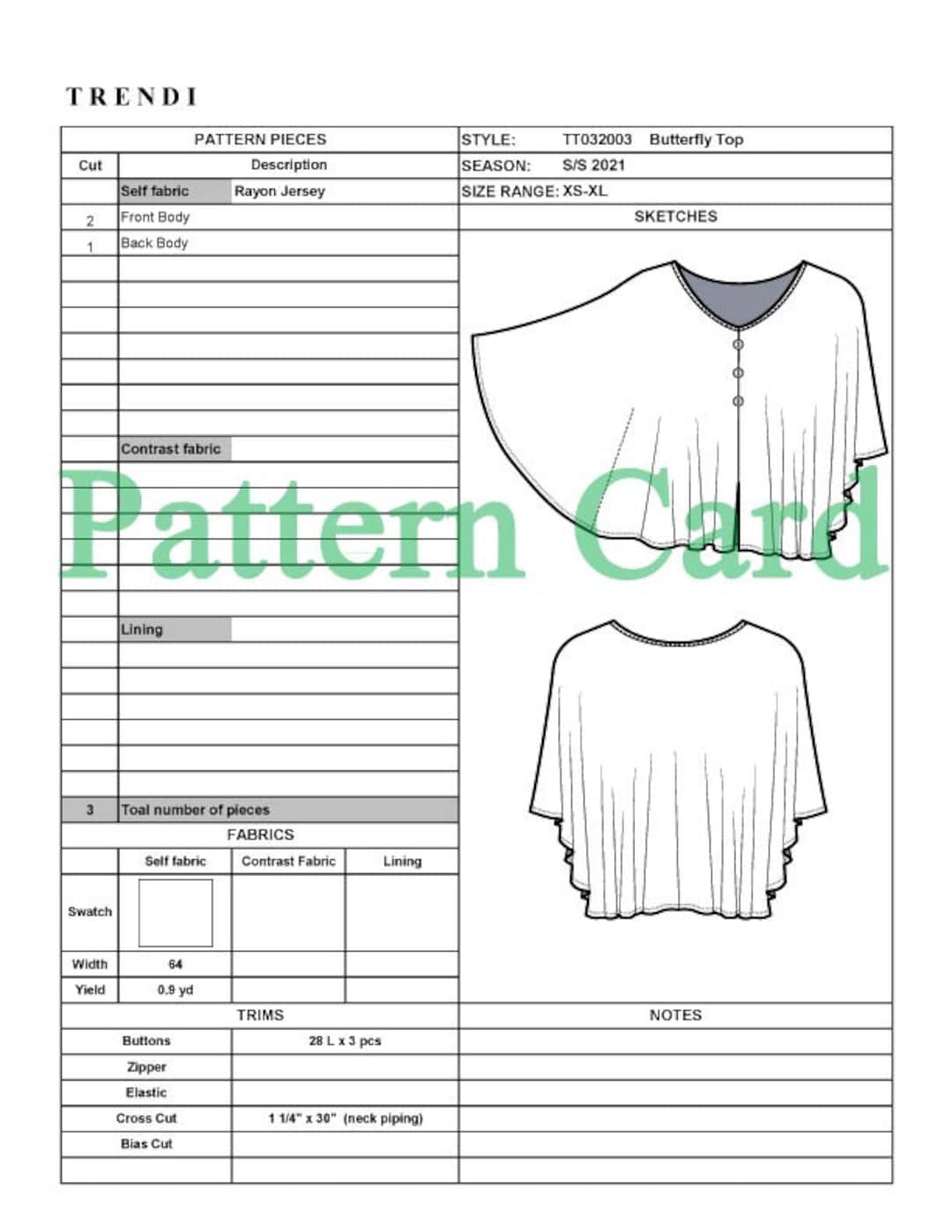 Pattern Request Card Pattern Card Template for Tech Pack Garment Pattern Card for Clothing ...