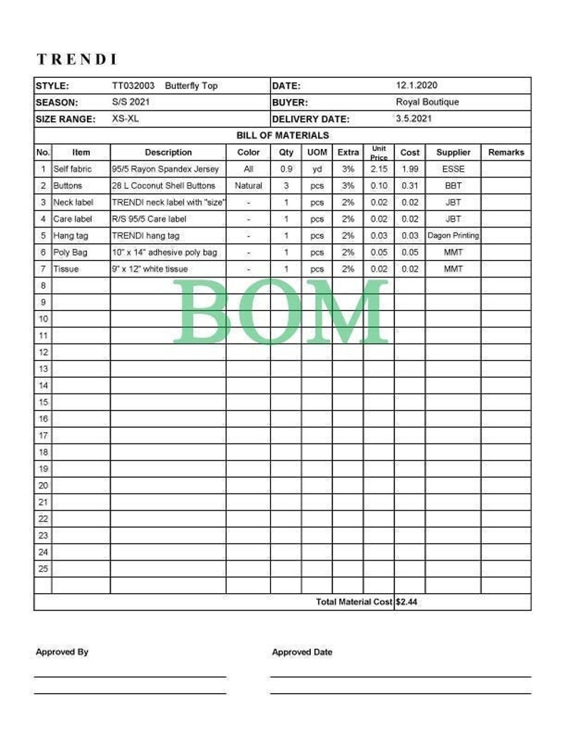 BOM bill of Material Template for Tech Pack Garment Production for