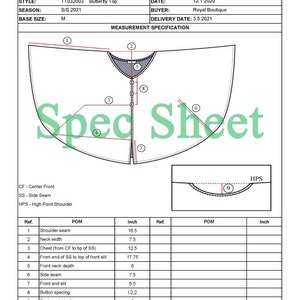 May include: A black and white technical drawing of a butterfly top garment pattern with measurements in inches. The drawing shows the front and back of the top, with details like the shoulder seam, neck width, chest, and side seam.