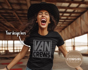 Laughing Cowgirl Mockup with Black T-shirt Mockup, Young Woman Mockup, Fun Mockup, Fashion Model