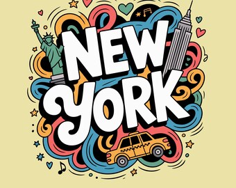 T‑shirt rétro New York Doodle Art PNG, graphique vintage sur les toits de la ville, souvenir de voyage de la Statue de la liberté, tourbillon coloré, art mural (fichier numérique)