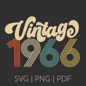 Könnte beinhalten: Ein Retro-Design auf schwarzem Hintergrund mit dem Wort "Vintage" in cremefarbener, stilisierter Schrift über der Zahl "1966". Die Zahlen bestehen aus gestreiften Linien in Orange, Türkis und Gelb. Darunter die Buchstaben "SVG | PNG | PDF".