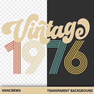 Peut inclure: Un design r&eacute;tro avec le mot "Vintage" en &eacute;criture cursive au-dessus des chiffres "1976". Le "1" est rouge, le "9" est beige, le "7" est bleu sarcelle et le "6" est jaune. Le design a un fond transparent.