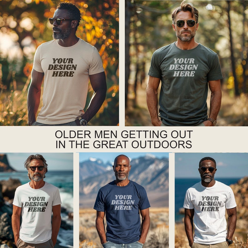 Op de afbeelding: Vier mannen dragen verschillende gekleurde T-shirts met de tekst "YOUR DESIGN HERE" erop gedrukt. De mannen staan in buitenomgevingen.