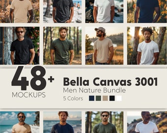 Bella Canvas 3001 Mens Tshirt Mockup Bundle, Back View, Front and Back Mockups, Nature, Outdoors, Beach & Mountain Mockups, Male Mock ups