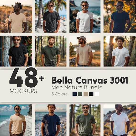 Bella Canvas 3001 Mens Tshirt Mockup Bundle, Back View, Front and Back Mockups, Nature, Outdoors, Beach & Mountain Mockups, Male Mock ups