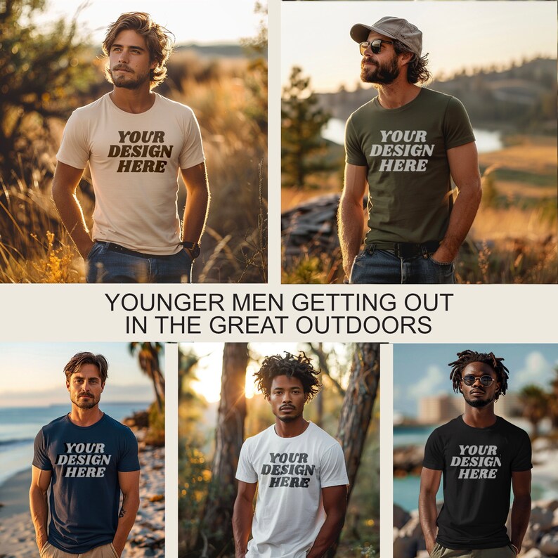 Op de afbeelding: Vier mannen dragen T-shirts met de tekst "YOUR DESIGN HERE" erop gedrukt. De mannen staan in verschillende buitenomgevingen.