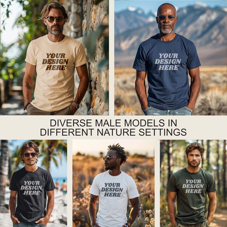 Op de afbeelding: Vier verschillende mannelijke modellen dragen T-shirts met de tekst "YOUR DESIGN HERE" in verschillende natuurlijke omgevingen. De modellen dragen beige, donkerblauwe, zwarte en groene T-shirts.
