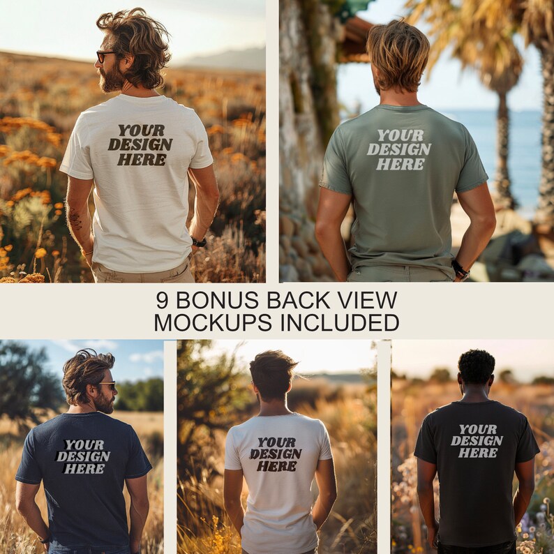 Op de afbeelding: Negen mockups van de achterkant van een persoon die een T-shirt draagt met de tekst "YOUR DESIGN HERE" in wit, groen, blauw en zwart. De mockups zijn geplaatst tegen verschillende buitenachtergronden.