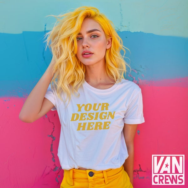 Retro Shirt Mockup, White Plain Shirt Mockup, Yellow Hair Mockup, Teen Girl Mockup, White T-shirt Mockup, Young Woman Mockup