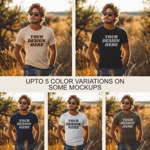 Op de afbeelding: Vijf verschillende kleurvariaties van een t-shirt mockup met een man die een zonnebril en jeans draagt. De tekst op het t-shirt zegt "Your Design Here".