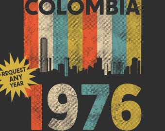 Colombie 1976 T-Shirt rétro PNG, graphique sur les toits de la ville vintage, souvenir de voyage en Amérique du Sud, conception imprimable, téléchargement de fichier d'art mural numérique