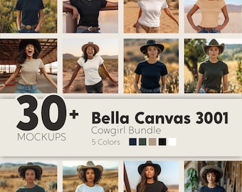 Bella Canvas 3001 cowgirl-t-shirt mockupbundel, natuur- en buitenmockups, vrouwelijke mock-ups, zwarte cowgirl, blond plattelandsmeisje