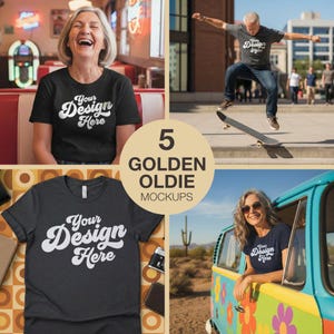 以下が含まれることがあります： 「Your Design Here」のテキストが入ったTシャツの5つのモックアップのコラージュ。画像には、笑っている女性、スケートボードをしている男性、カラフルなバンに乗っている女性が含まれています。「5 GOLDEN OLDIE MOCKUPS」のテキストも表示されています。