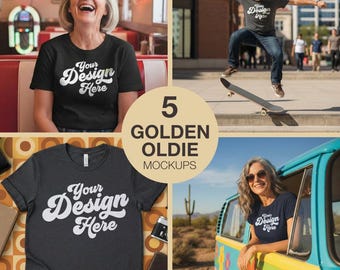 Mockupbundel Golden Oldie T-shirt – 5 retro seniorenmodellen en platliggende T-shirts voor vintage shirtontwerpen