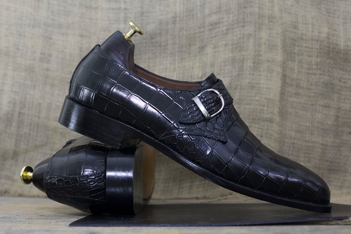 Handmade Pure Black Alligator Texture Stylish Shoes Buckle Style Men's ...