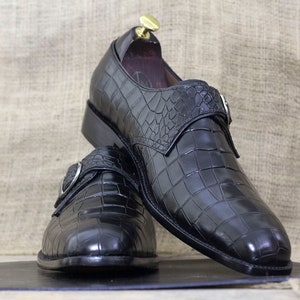 Handmade Pure Black Alligator Texture Stylish Shoes Buckle Style Men's ...