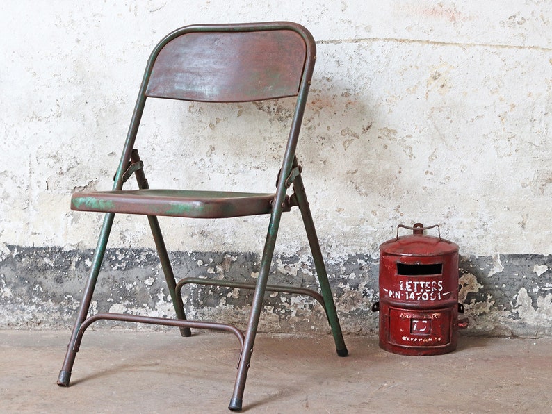 May include: A vintage green metal folding chair with a red metal mailbox that says "LETTERS" and "PN-147001".