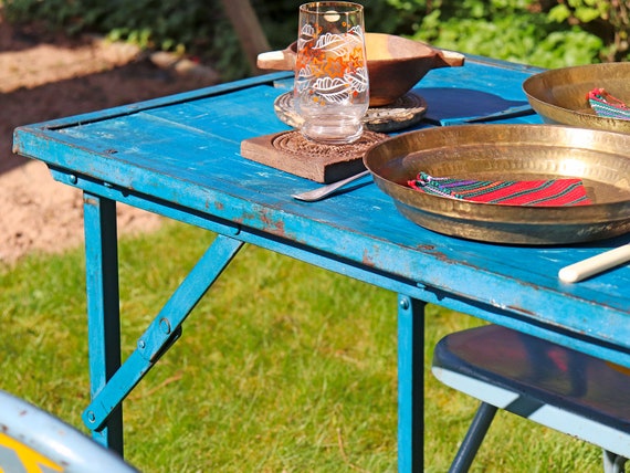 Blue Folding Table Rectangular Mobile Folding Table Seating Unit With