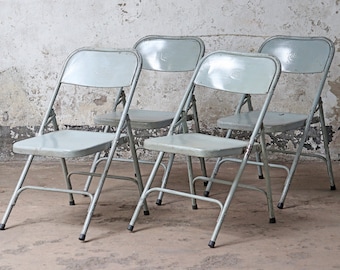 4 x Vintage Grey Metal Folding Chairs