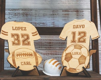 Wooden Laser Etched and Cut Sports Jersey | Personalized Laser Wood Sports Jersey with Ball | Sports Theme Laser Cutout with Stand