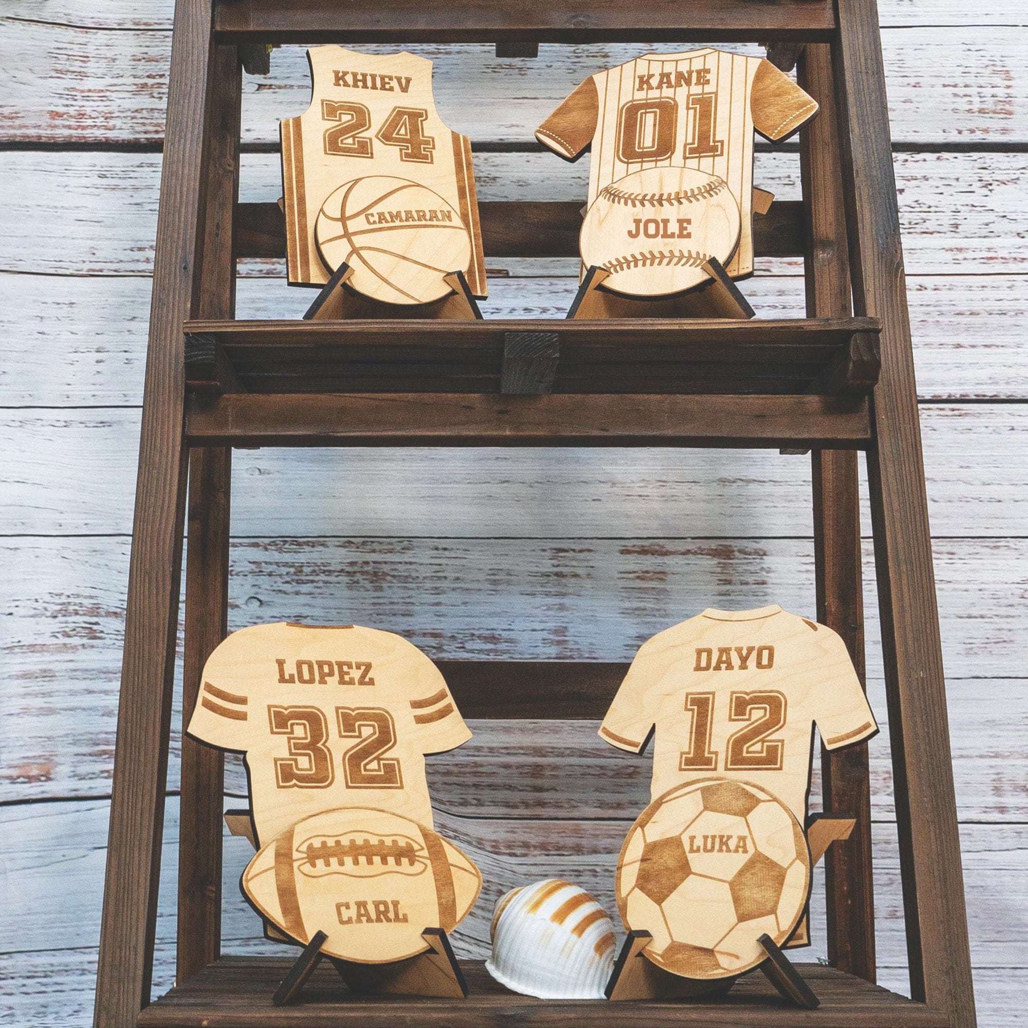 Wooden Laser Etched and Cut Sports Jersey | Personalized Laser Wood Sports Jersey with Ball | Sports Theme Laser Cutout with Stand