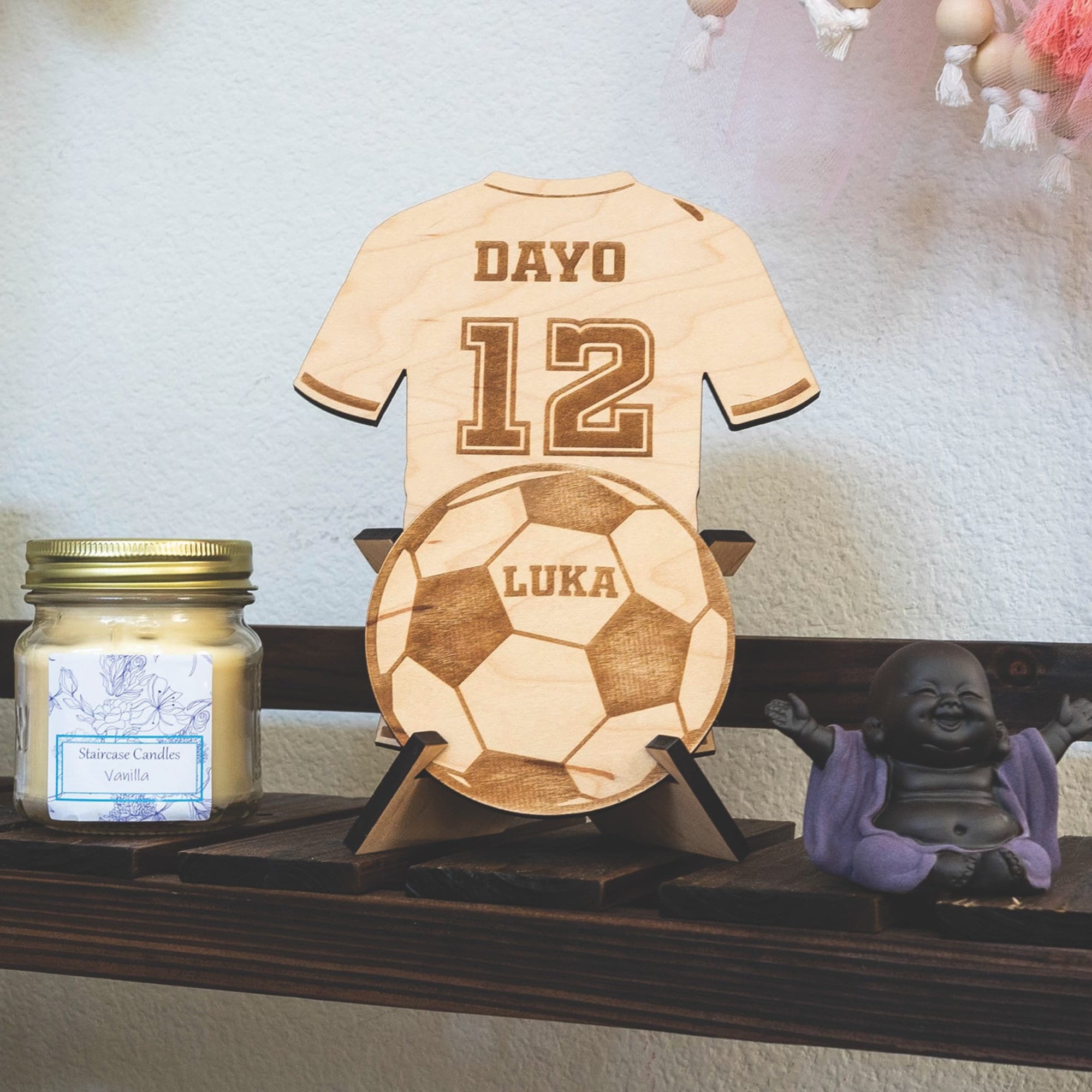 Wooden Laser Etched and Cut Sports Jersey | Personalized Laser Wood Sports Jersey with Ball | Sports Theme Laser Cutout with Stand