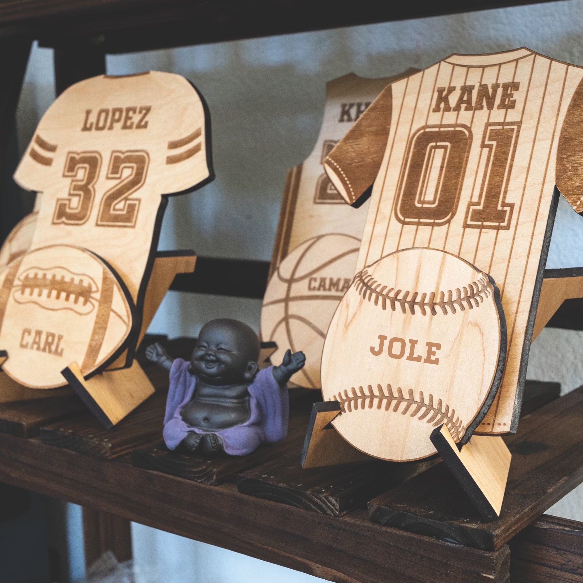 Wooden Laser Etched and Cut Sports Jersey | Personalized Laser Wood Sports Jersey with Ball | Sports Theme Laser Cutout with Stand