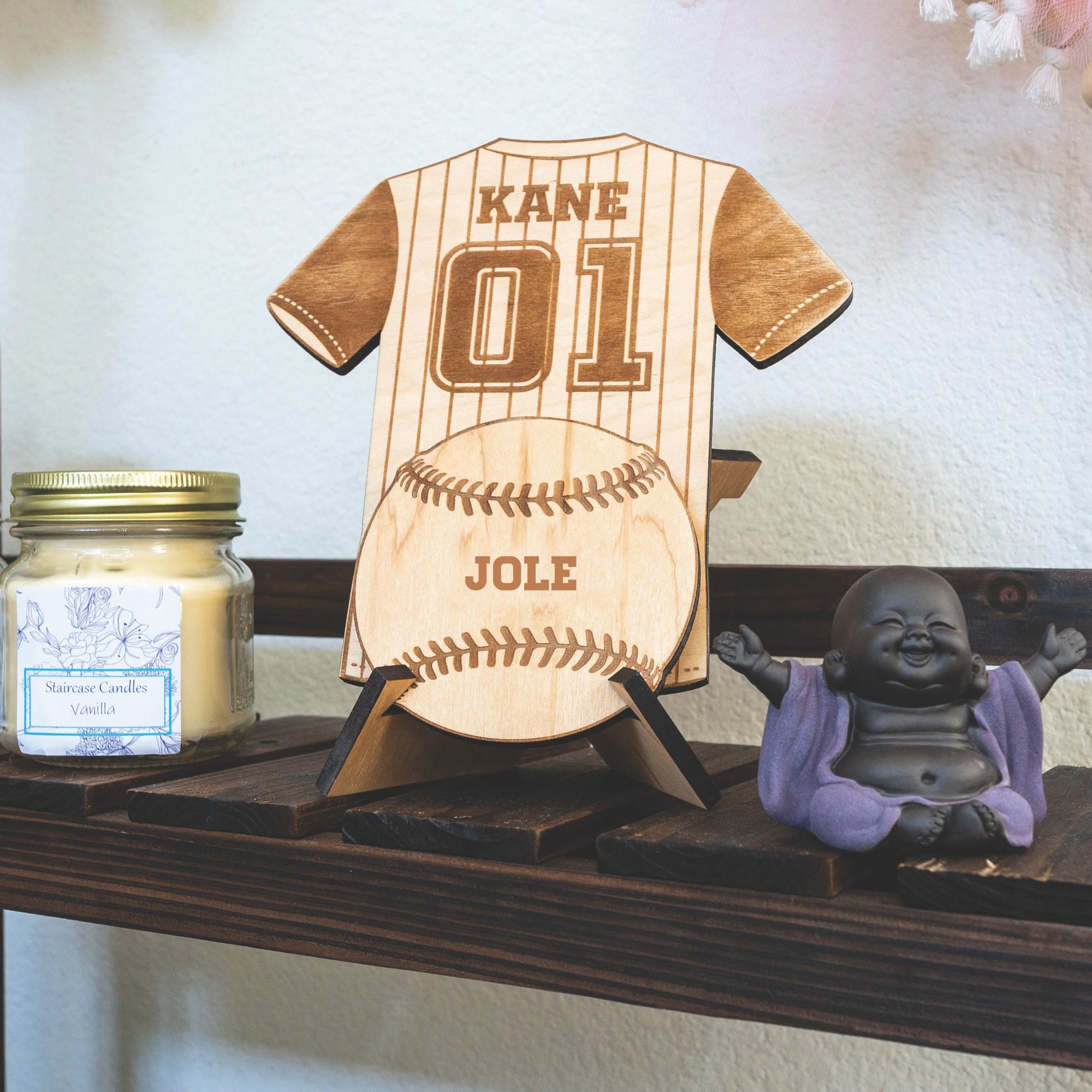Wooden Laser Etched and Cut Sports Jersey | Personalized Laser Wood Sports Jersey with Ball | Sports Theme Laser Cutout with Stand