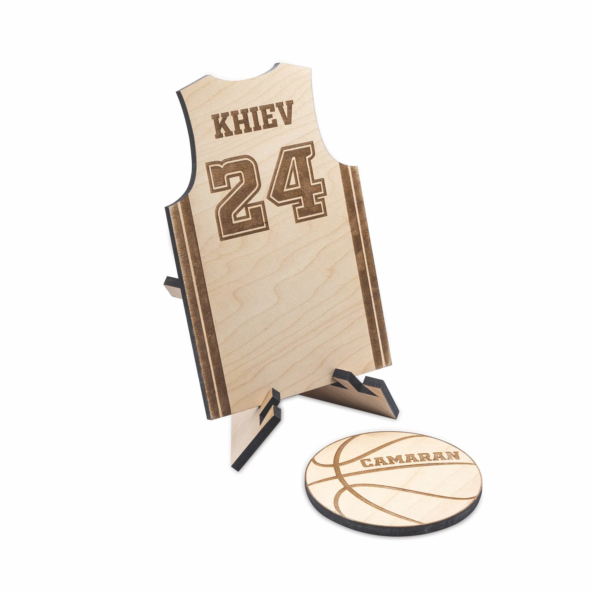 Wooden Laser Etched and Cut Sports Jersey | Personalized Laser Wood Sports Jersey with Ball | Sports Theme Laser Cutout with Stand