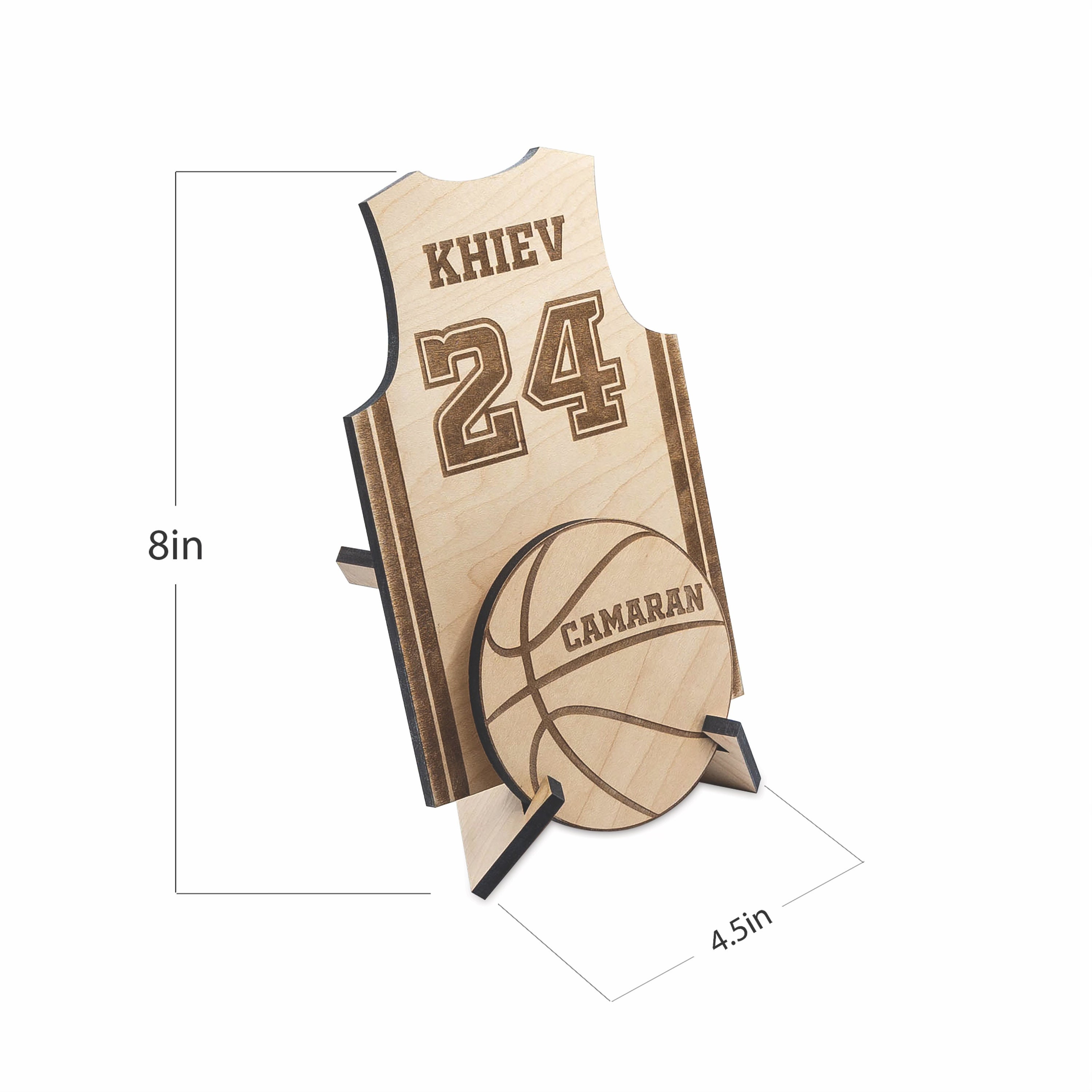 Wooden Laser Etched and Cut Sports Jersey | Personalized Laser Wood Sports Jersey with Ball | Sports Theme Laser Cutout with Stand