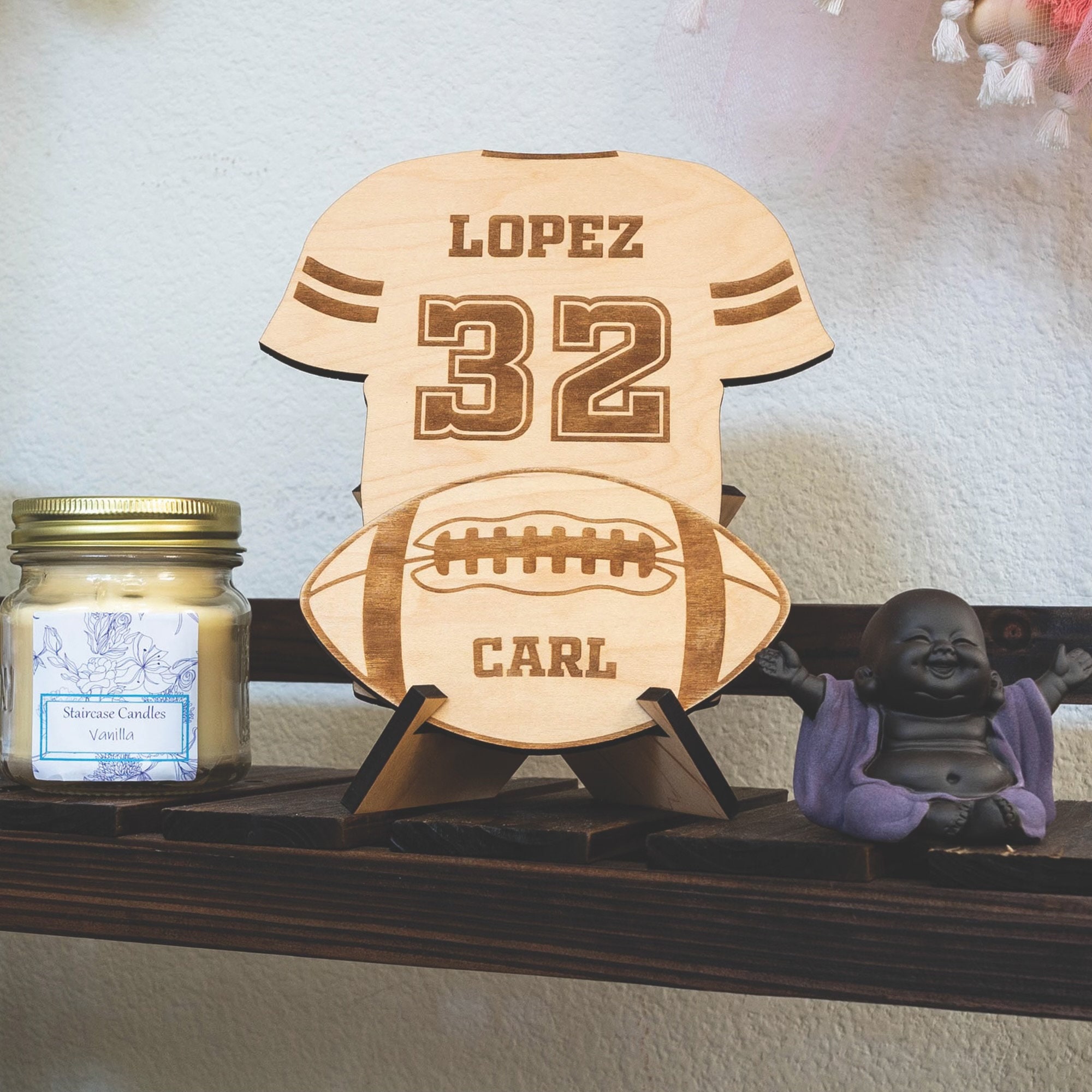Wooden Laser Etched and Cut Sports Jersey | Personalized Laser Wood Sports Jersey with Ball | Sports Theme Laser Cutout with Stand