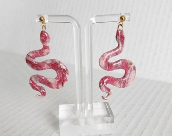 Pink Snake Polymer clay earrings handmade Lightweight Hypoallergenic 2.25"